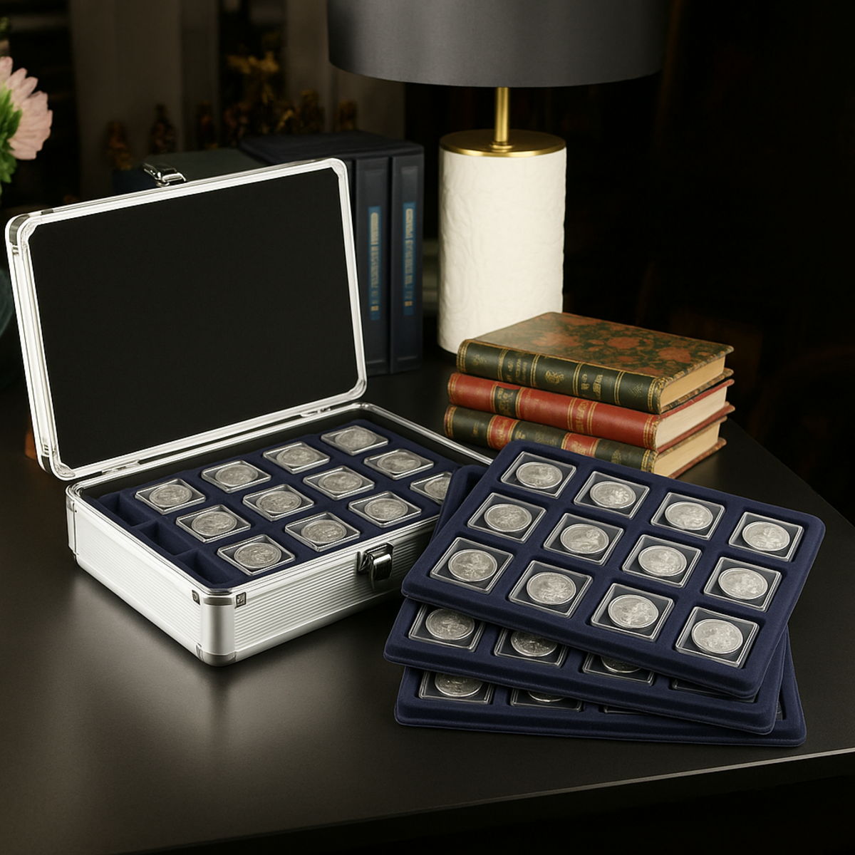 Metal case for storing and transporting coins of various sizes